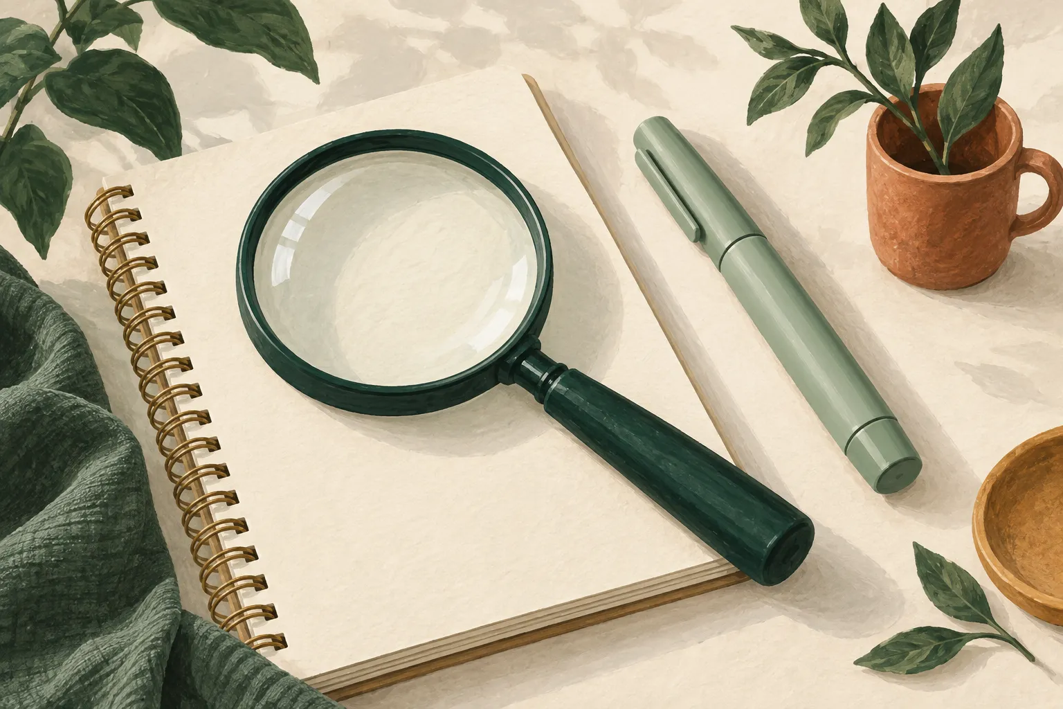 Illustration of a magnifying glass on a blank notebook beside a capped medication pen.