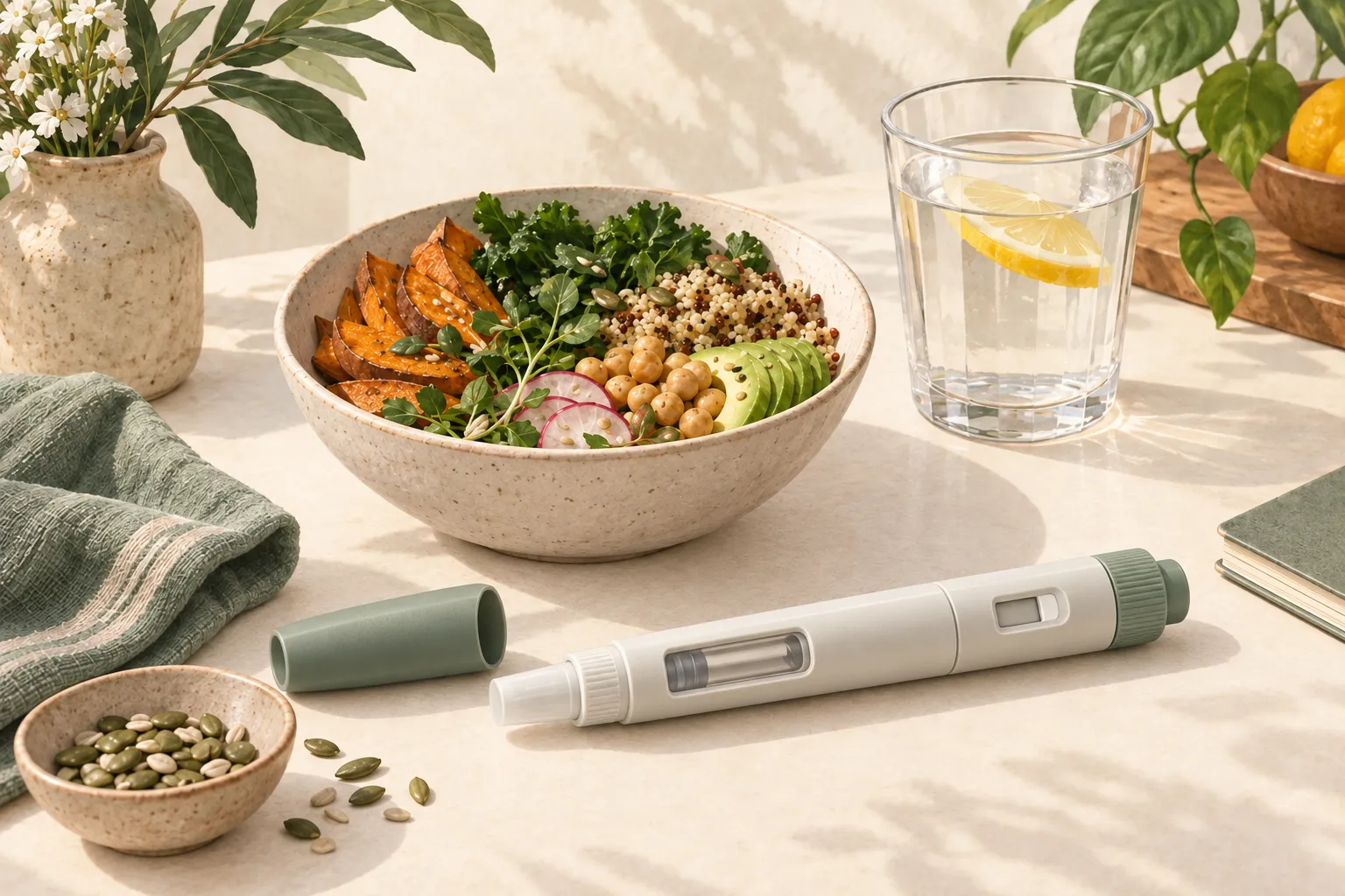Illustration of an unbranded injection pen with a cartridge window, dose dial and separate cap beside a meal and water.