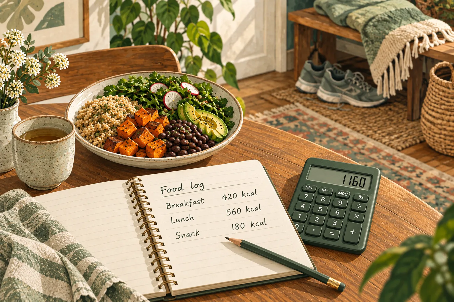 Illustration of an open food journal with calorie entries, a calculator and a pencil beside a bowl of food.