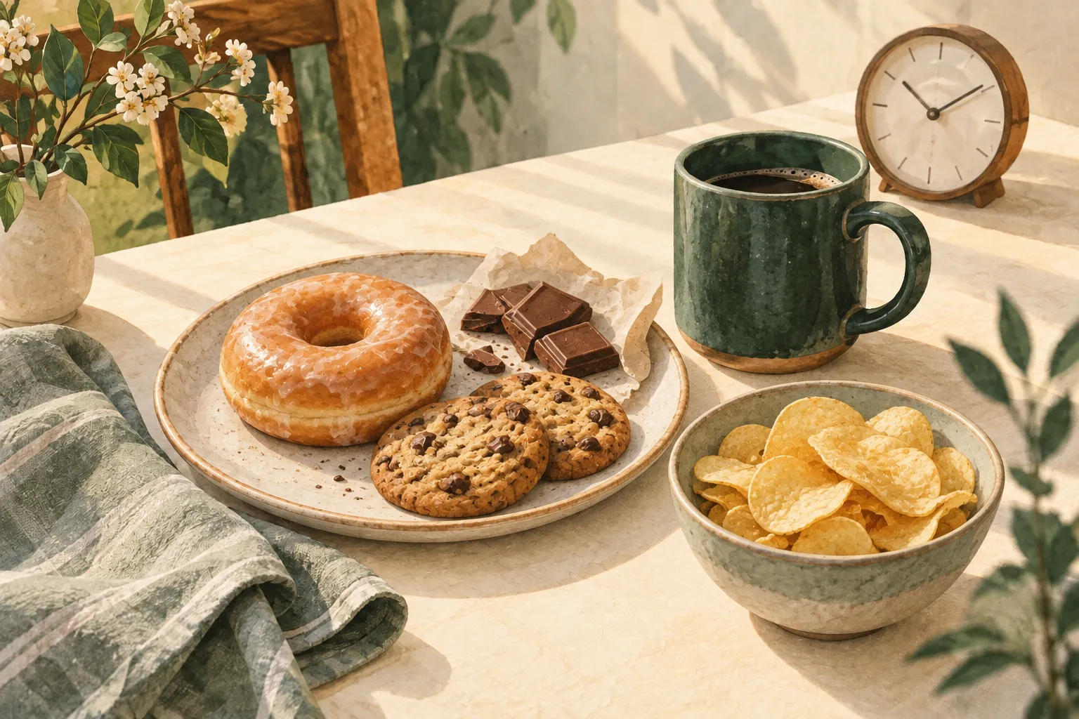 Illustration of a glazed doughnut, cookies, chocolate and a bowl of crisps beside a green coffee mug.