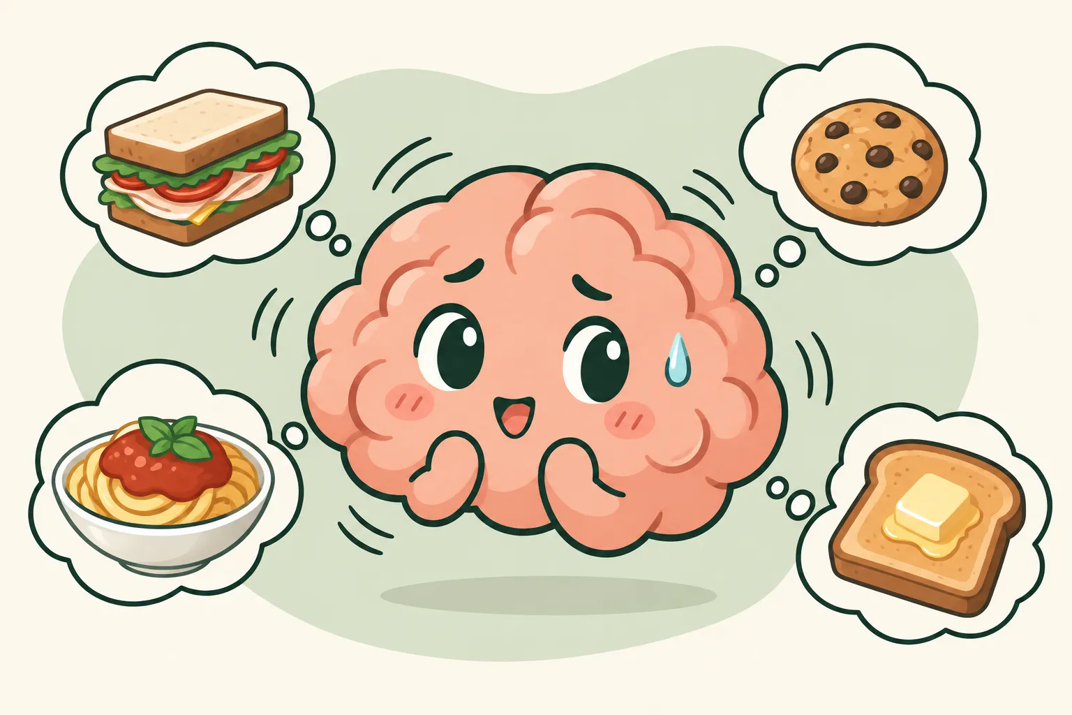 An expressive cartoon brain with wide eyes and a sweat drop, surrounded by thoughts of a sandwich, biscuit, pasta and toast.